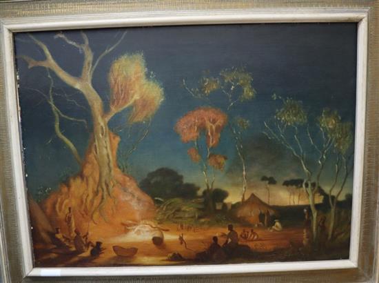 Oil on canvas, South African scene with figures around a camp fire, 59 x 82cm